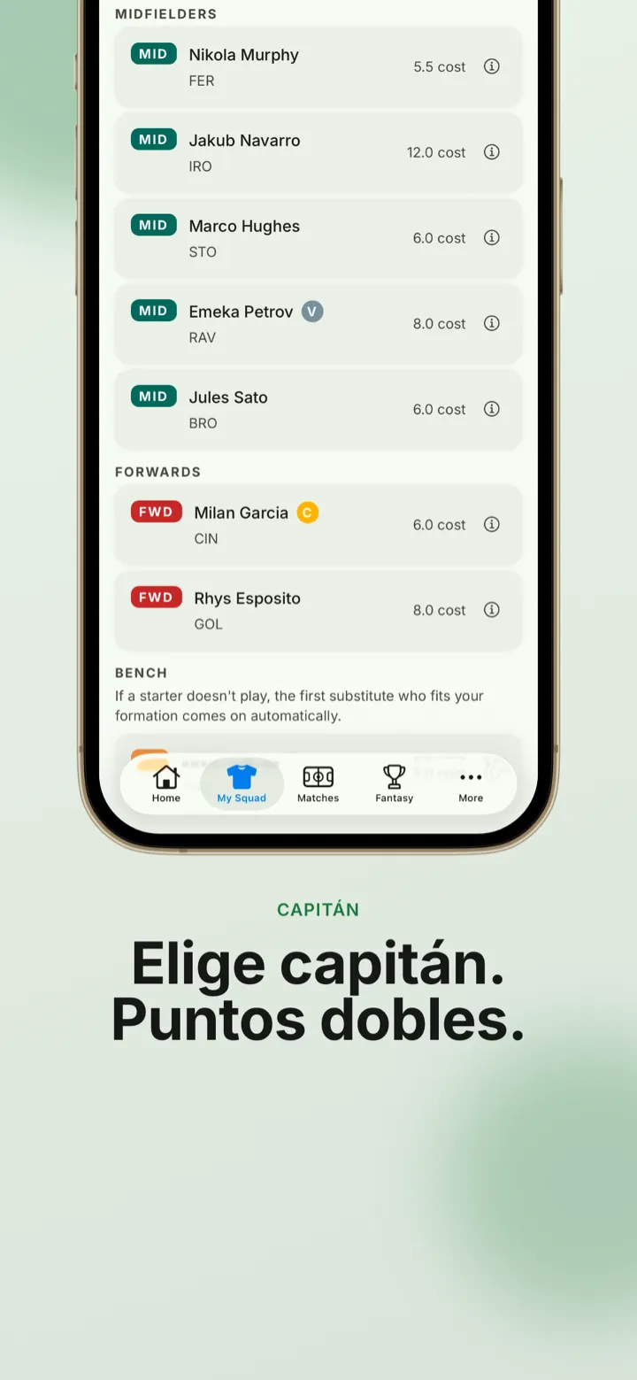 Captura de la app: tu plantilla con un capitán elegido que duplica sus puntos