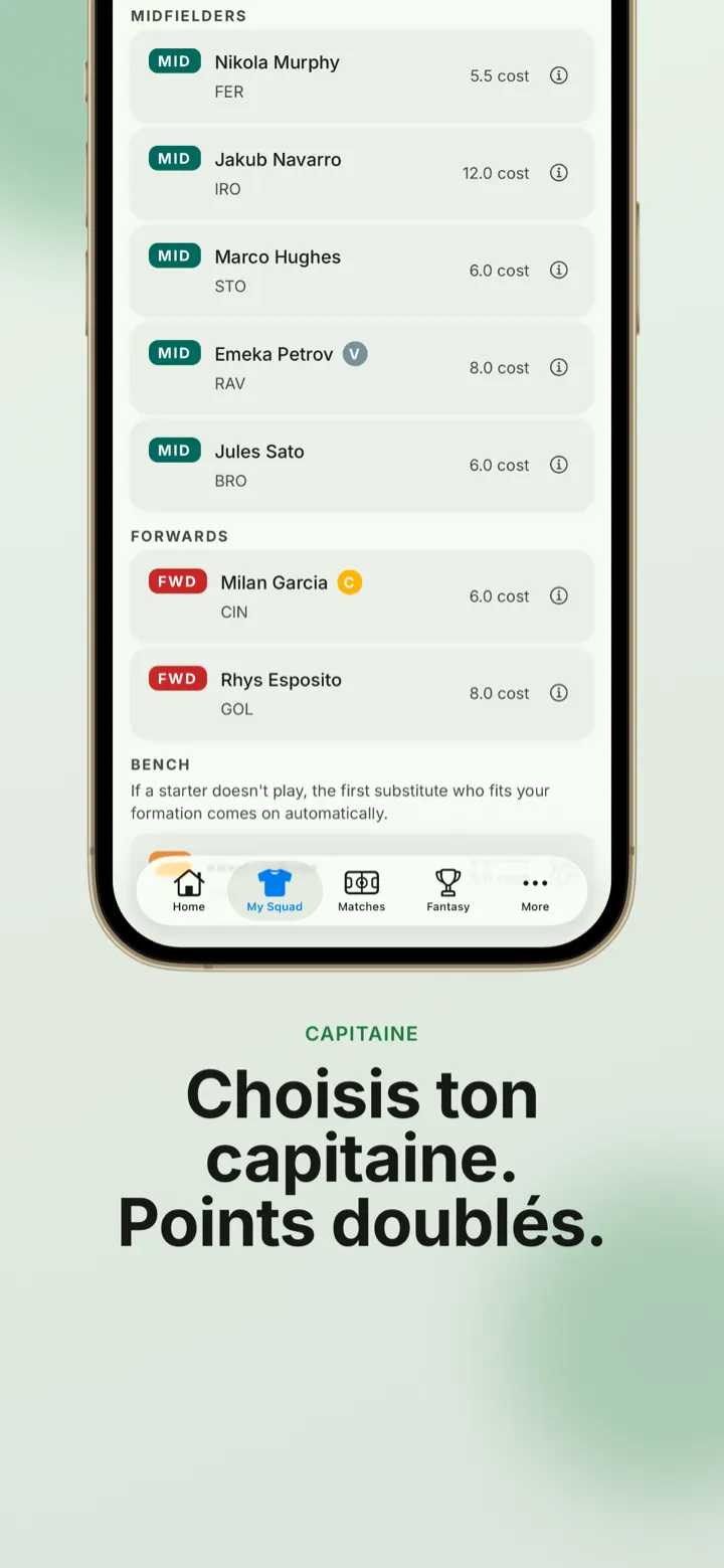 Capture d’écran de l’app : votre équipe avec un capitaine désigné qui double ses points