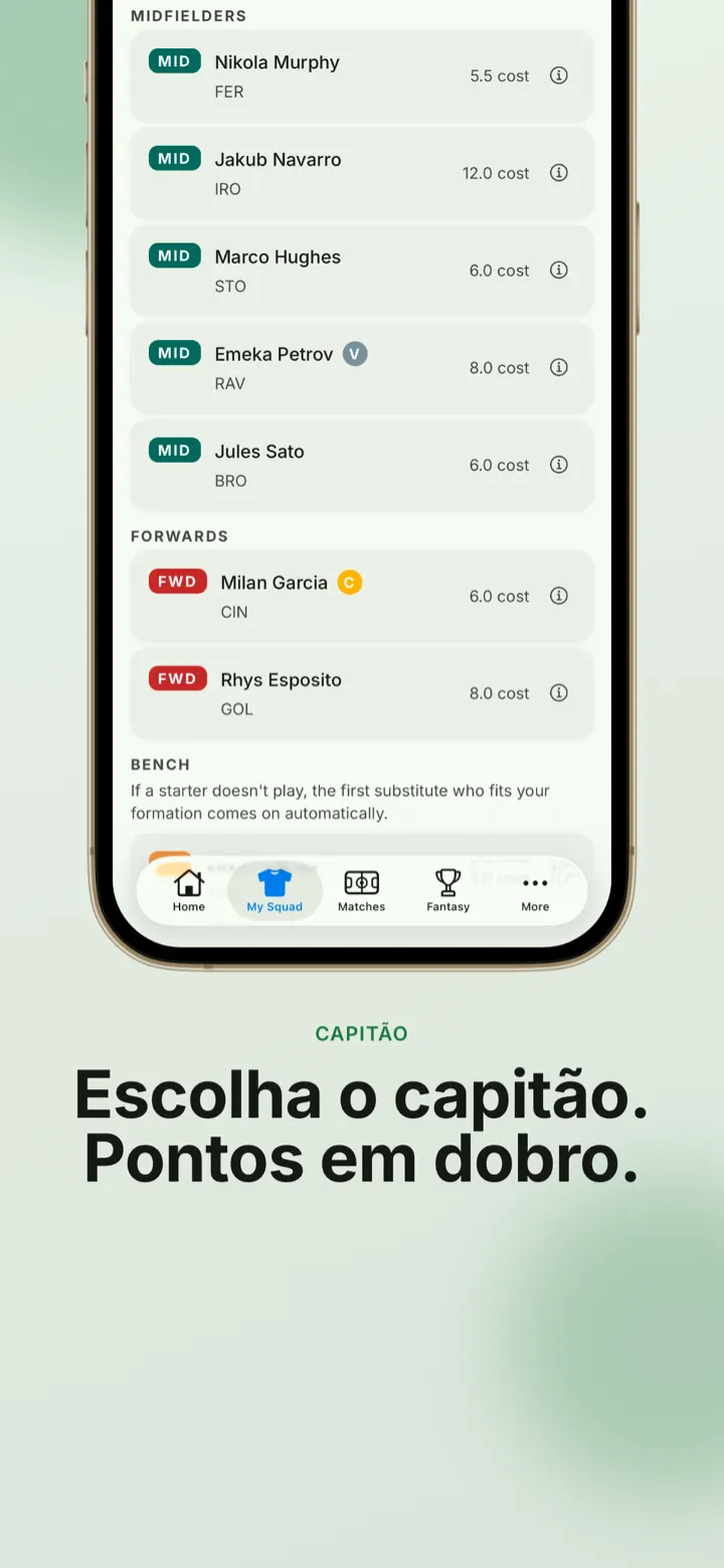 Captura do app: seu time com um capitão escolhido que dobra os pontos
