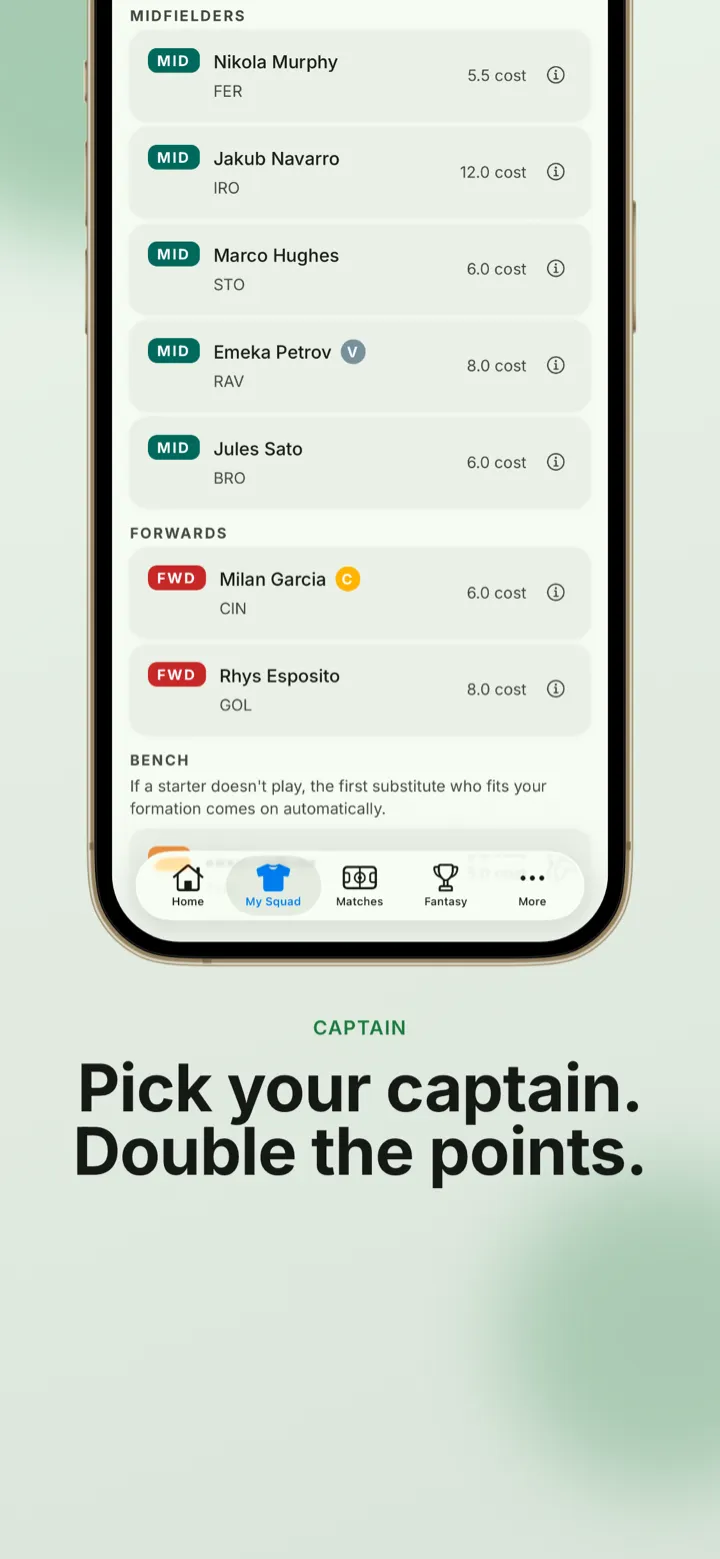 App screenshot: your squad with a captain picked to double his points