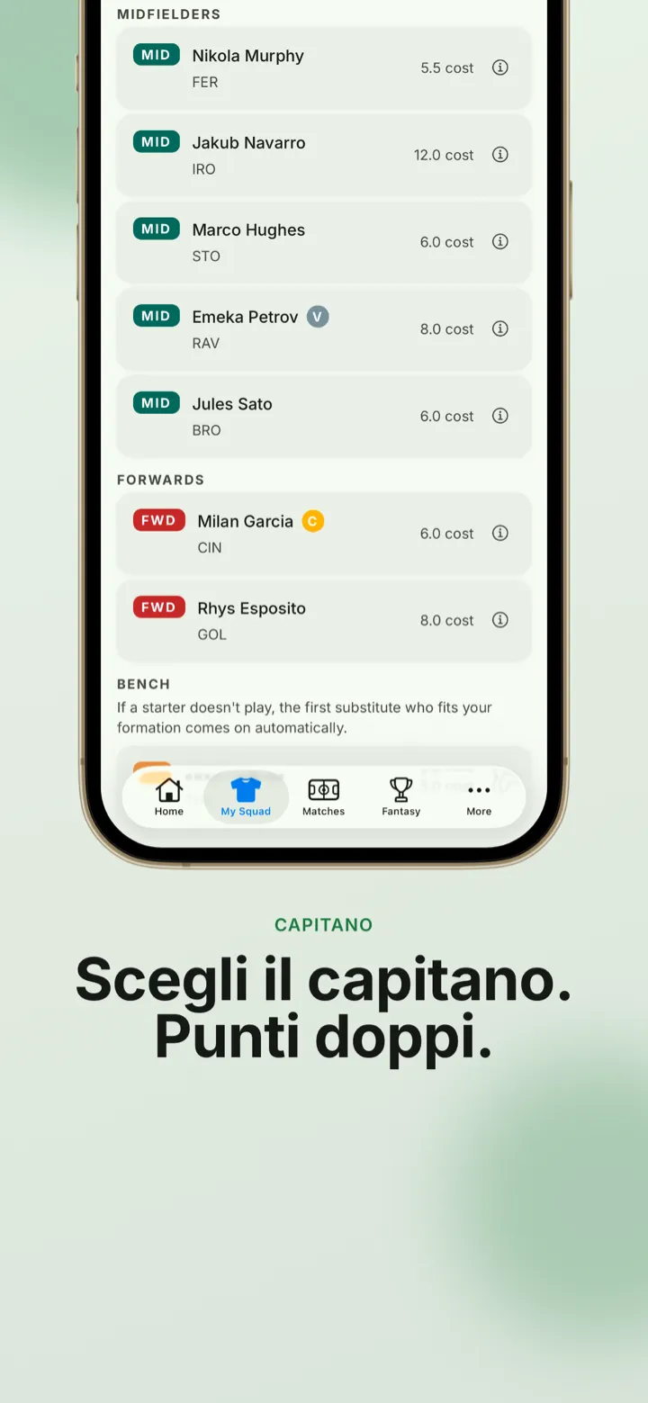Schermata dell’app: la tua squadra con un capitano scelto che raddoppia i punti