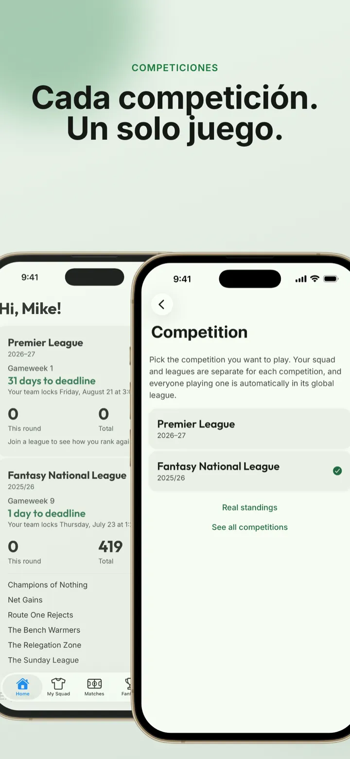 Captura de la app: dos móviles con competiciones distintas en una sola app