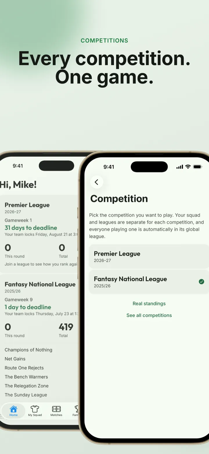 App screenshot: two phones showing different competitions in one app