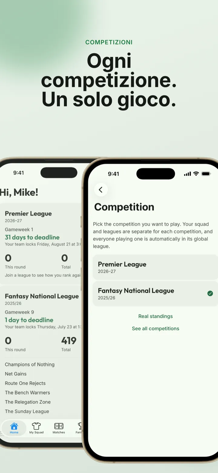 Schermata dell’app: due telefoni con competizioni diverse in un’unica app
