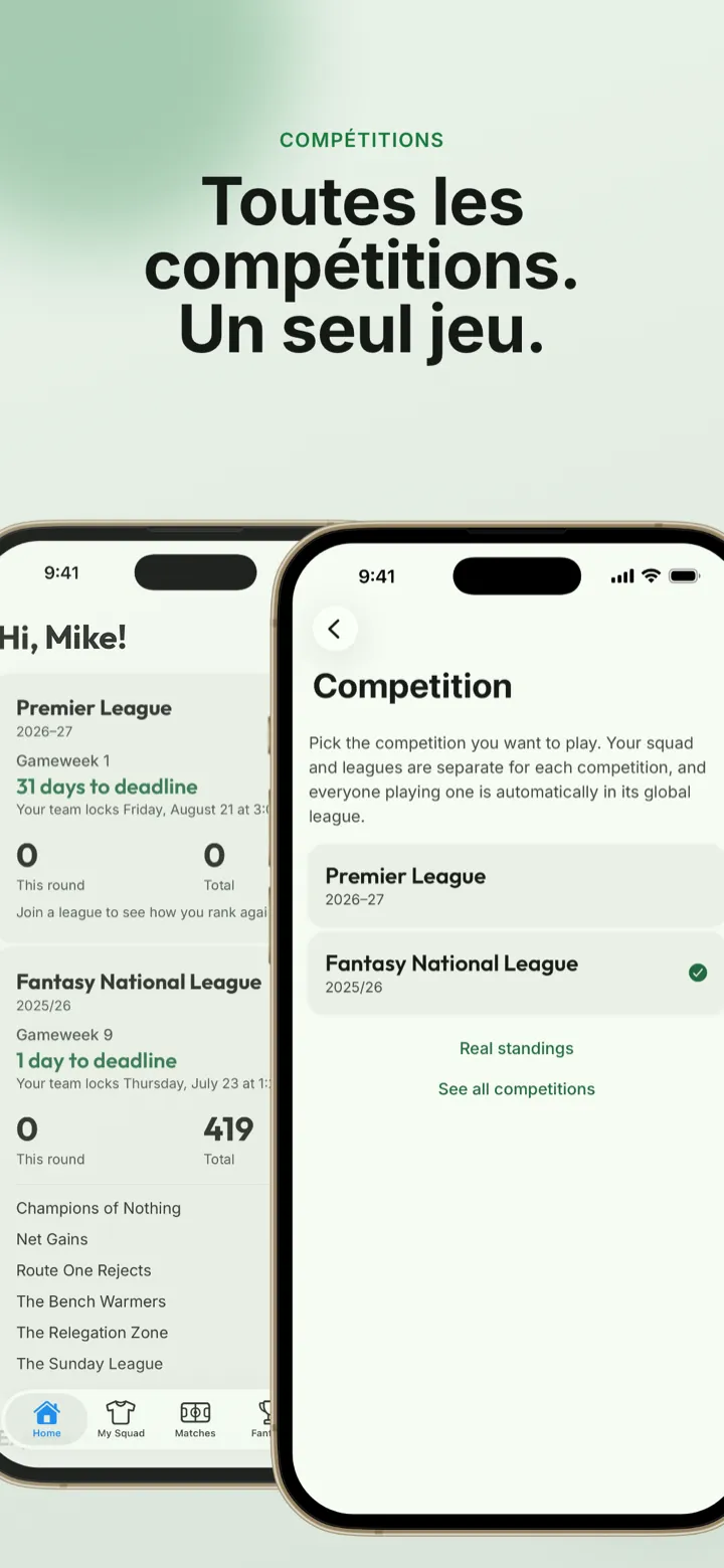 Capture d’écran de l’app : deux téléphones montrant des compétitions différentes dans une seule app