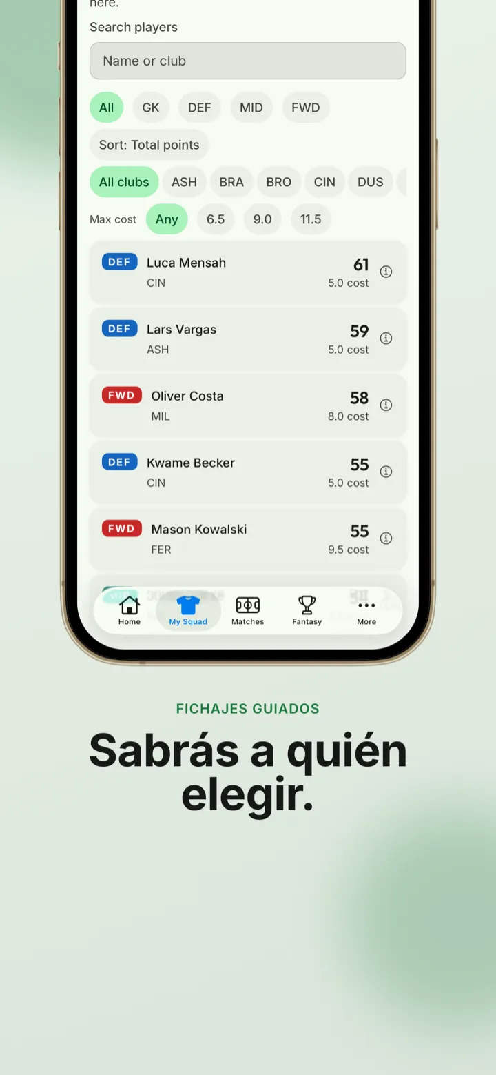 Captura de la app: exploración de jugadores con filtros de posición y presupuesto para saber a quién elegir