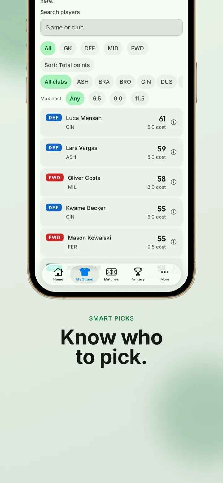 App screenshot: browsing players with position and budget filters to find who to pick