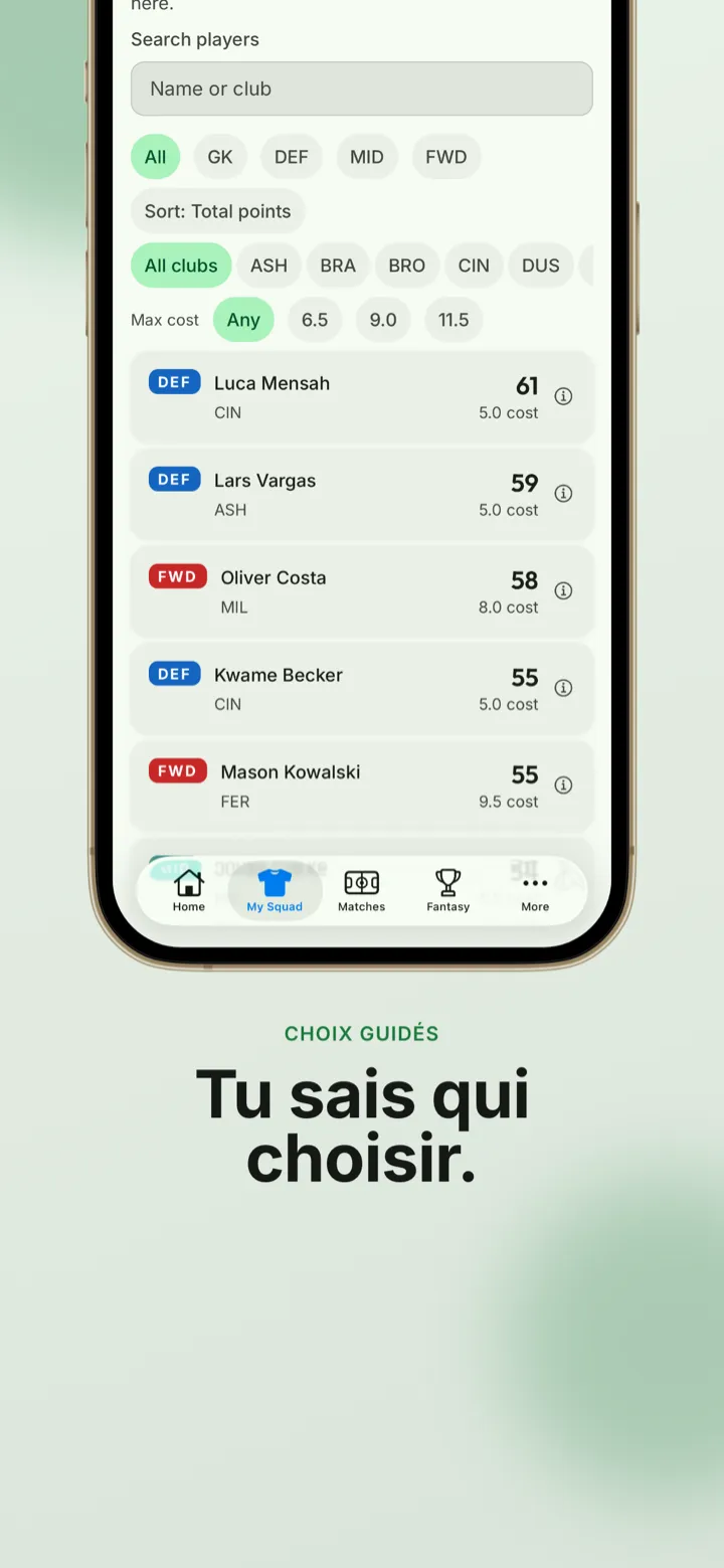 Capture d’écran de l’app : la recherche de joueurs avec filtres par poste et budget pour savoir qui choisir