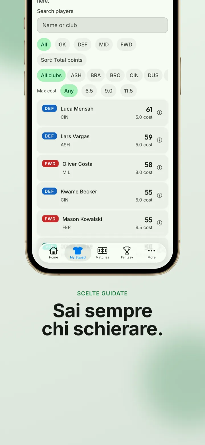 Schermata dell’app: la ricerca giocatori con filtri per ruolo e budget per capire chi scegliere
