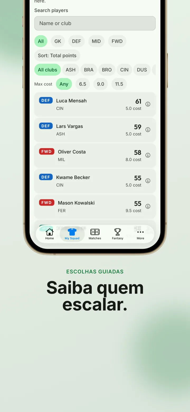 Captura do app: a busca de jogadores com filtros de posição e orçamento para saber quem escalar