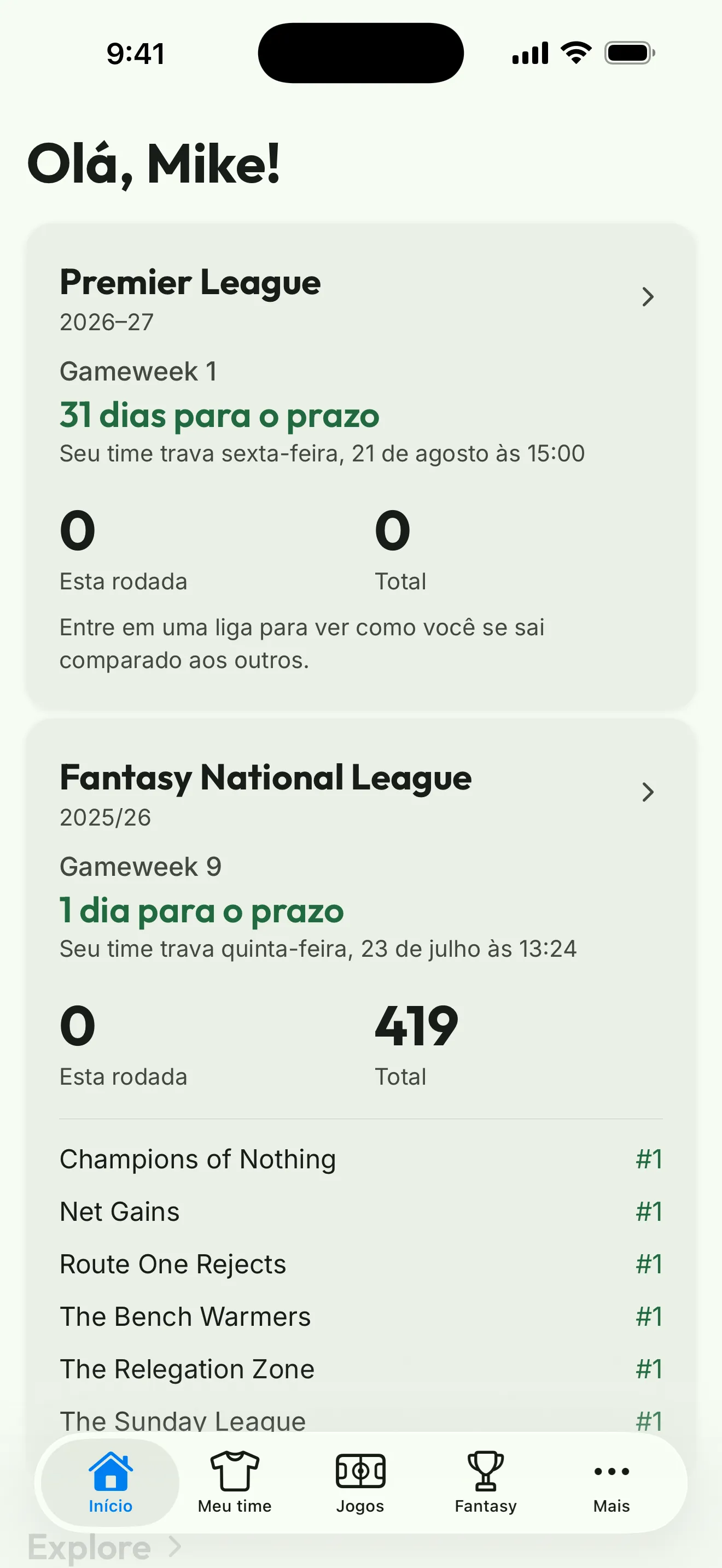 Captura do app: a tela inicial com suas competições, os próximos prazos e sua posição em cada liga