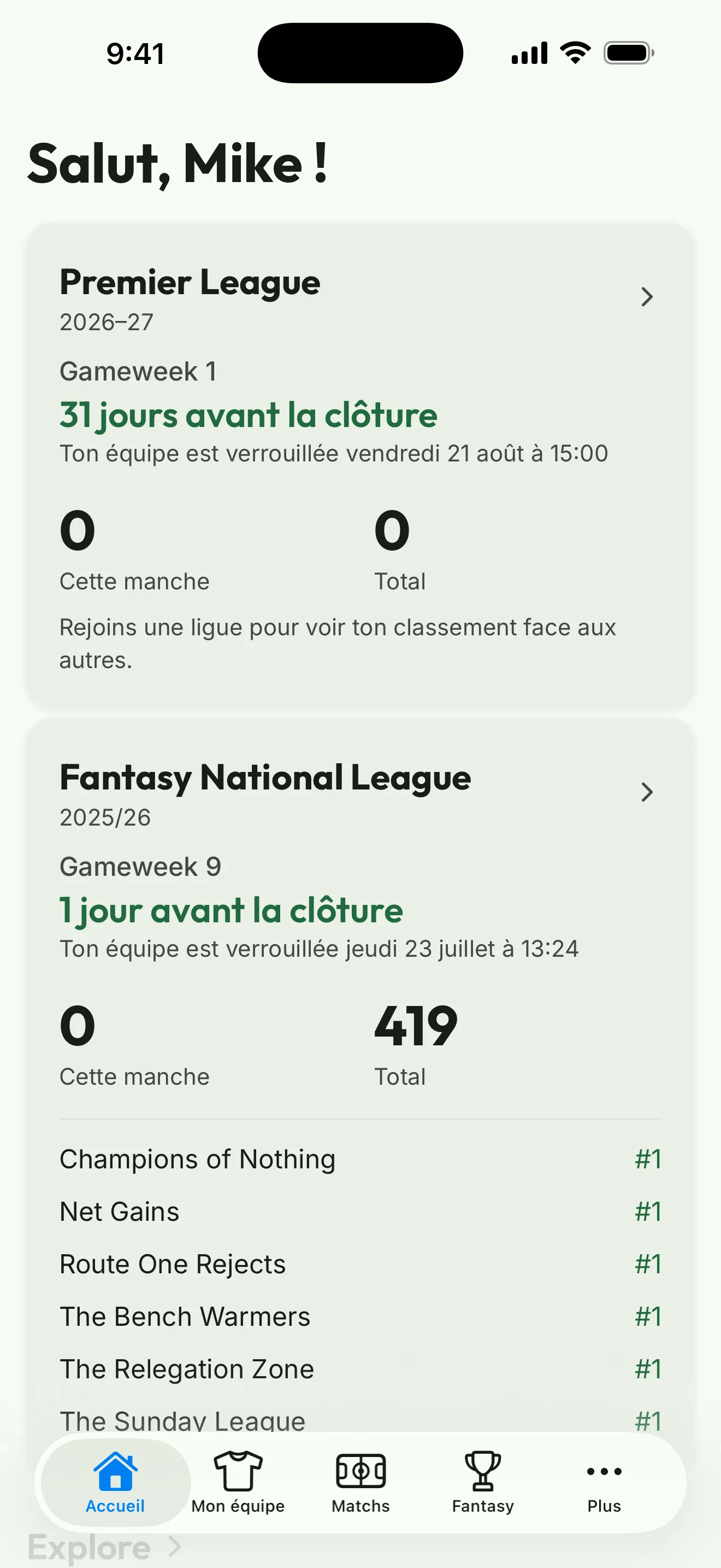 Capture d’écran de l’app : l’écran d’accueil avec vos compétitions, les prochaines dates limites et vos classements