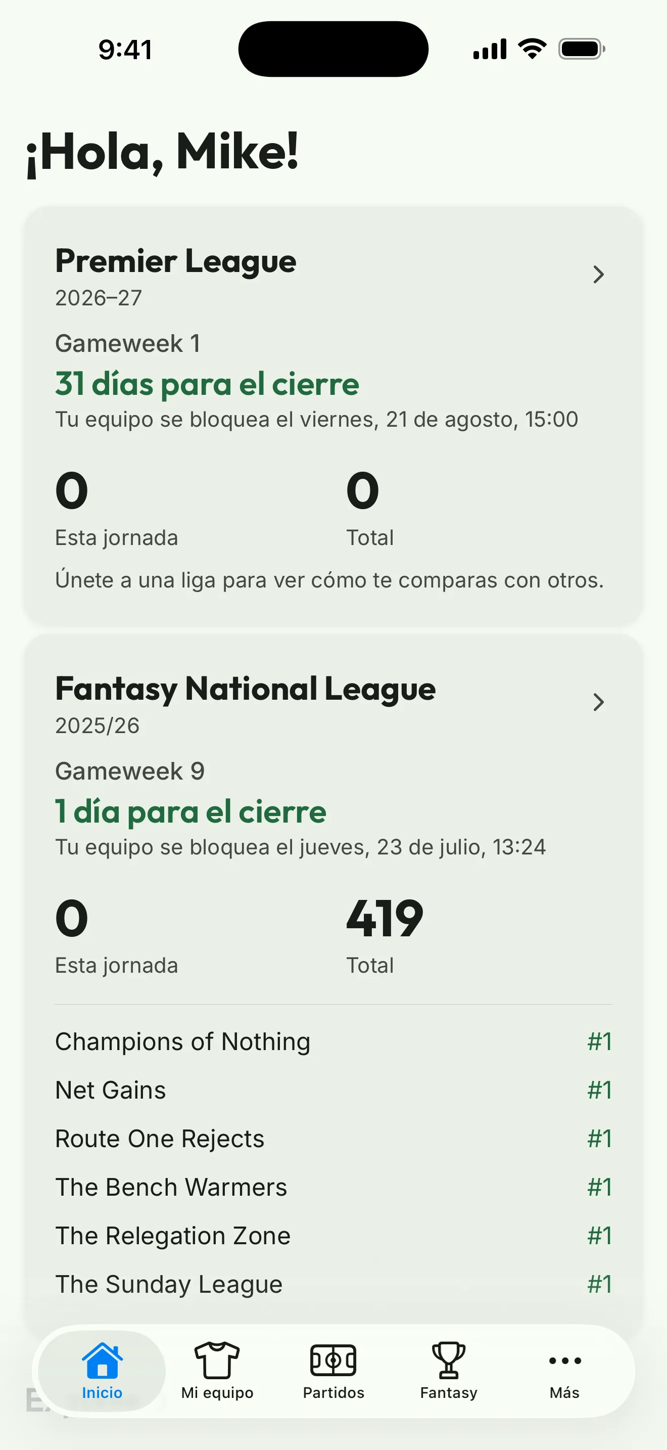 Captura de la app: la pantalla de inicio con tus competiciones, próximas fechas límite y tu puesto en cada liga