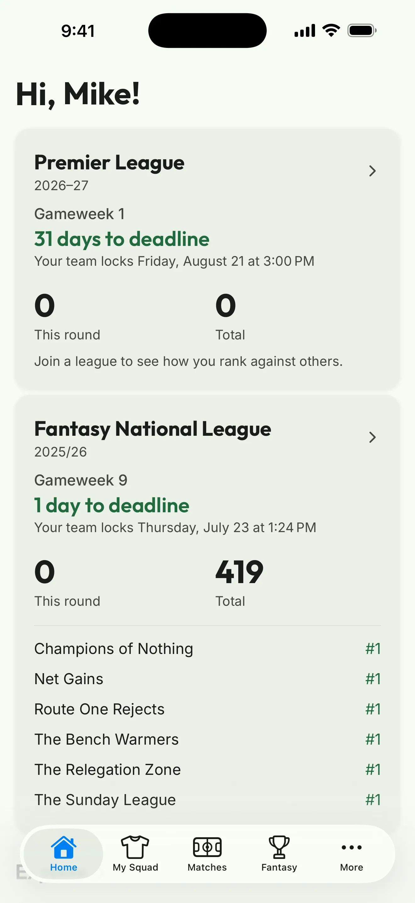 App screenshot: the home screen with your competitions, upcoming deadlines, and league ranks