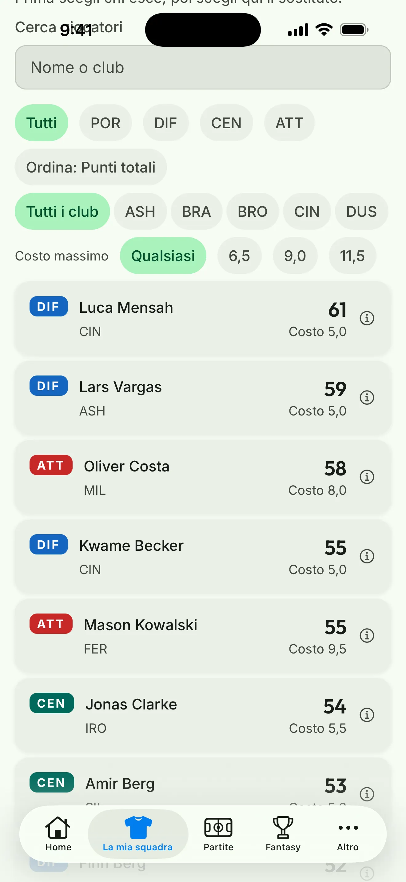 Schermata dell’app: la ricerca giocatori con filtri per ruolo, squadra e budget