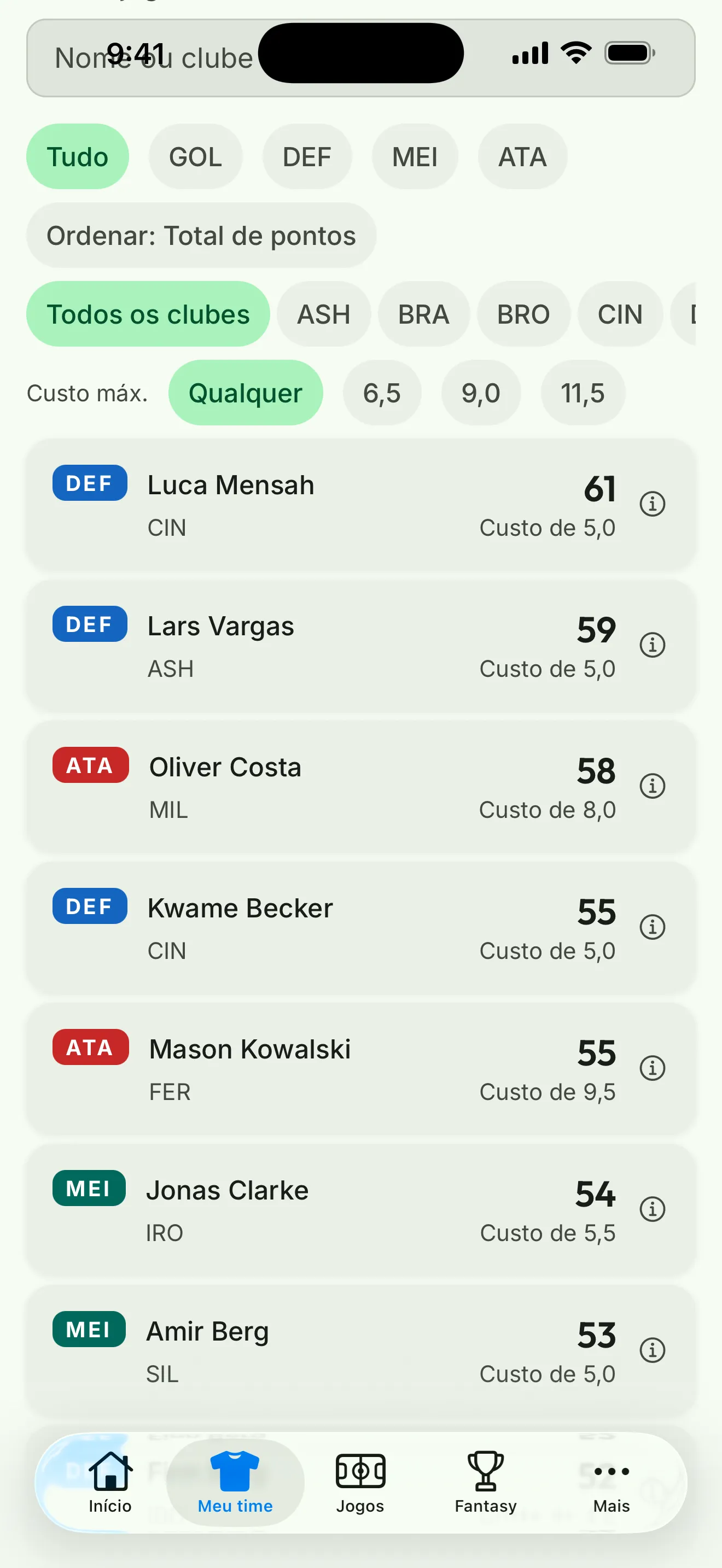 Captura do app: a busca de jogadores com filtros de posição, clube e orçamento