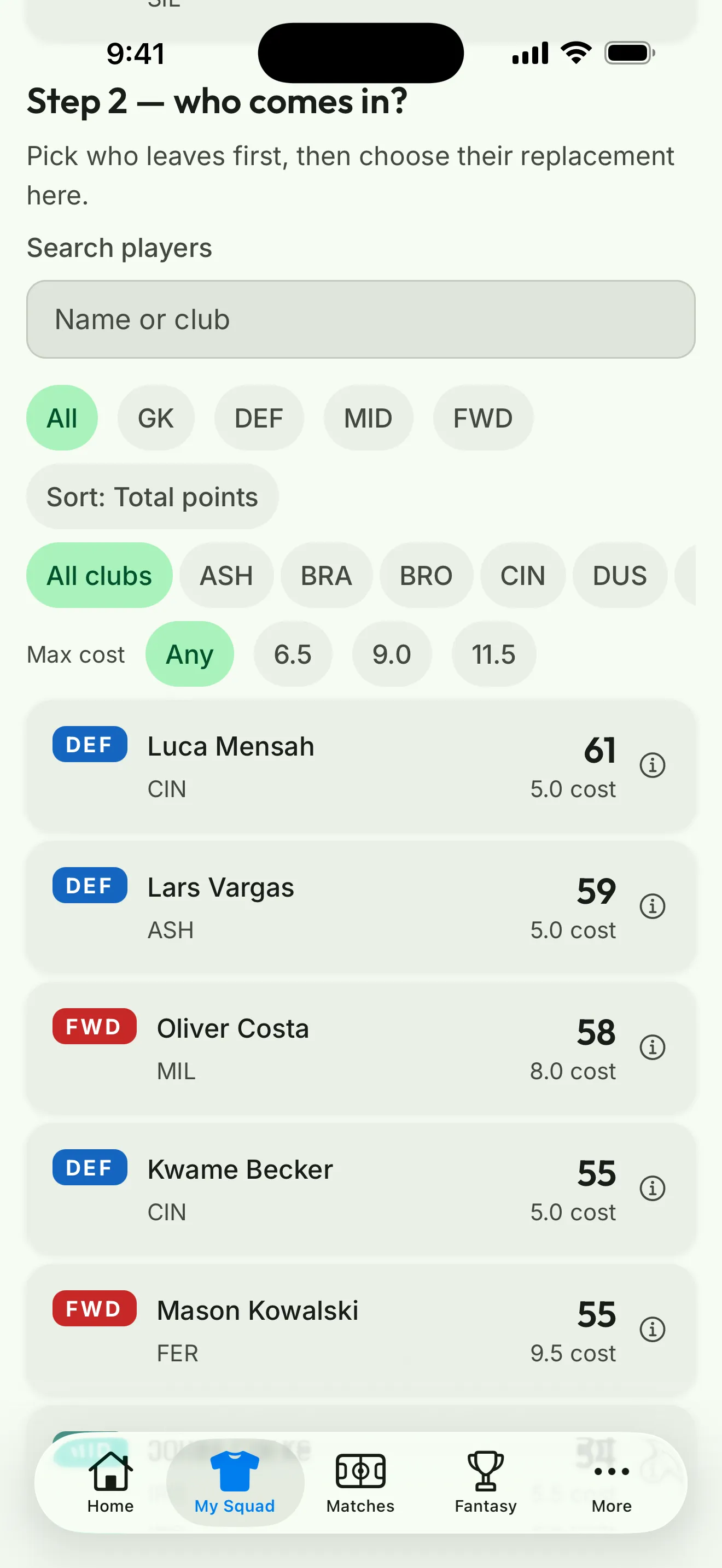 App screenshot: browsing players with position, club, and budget filters