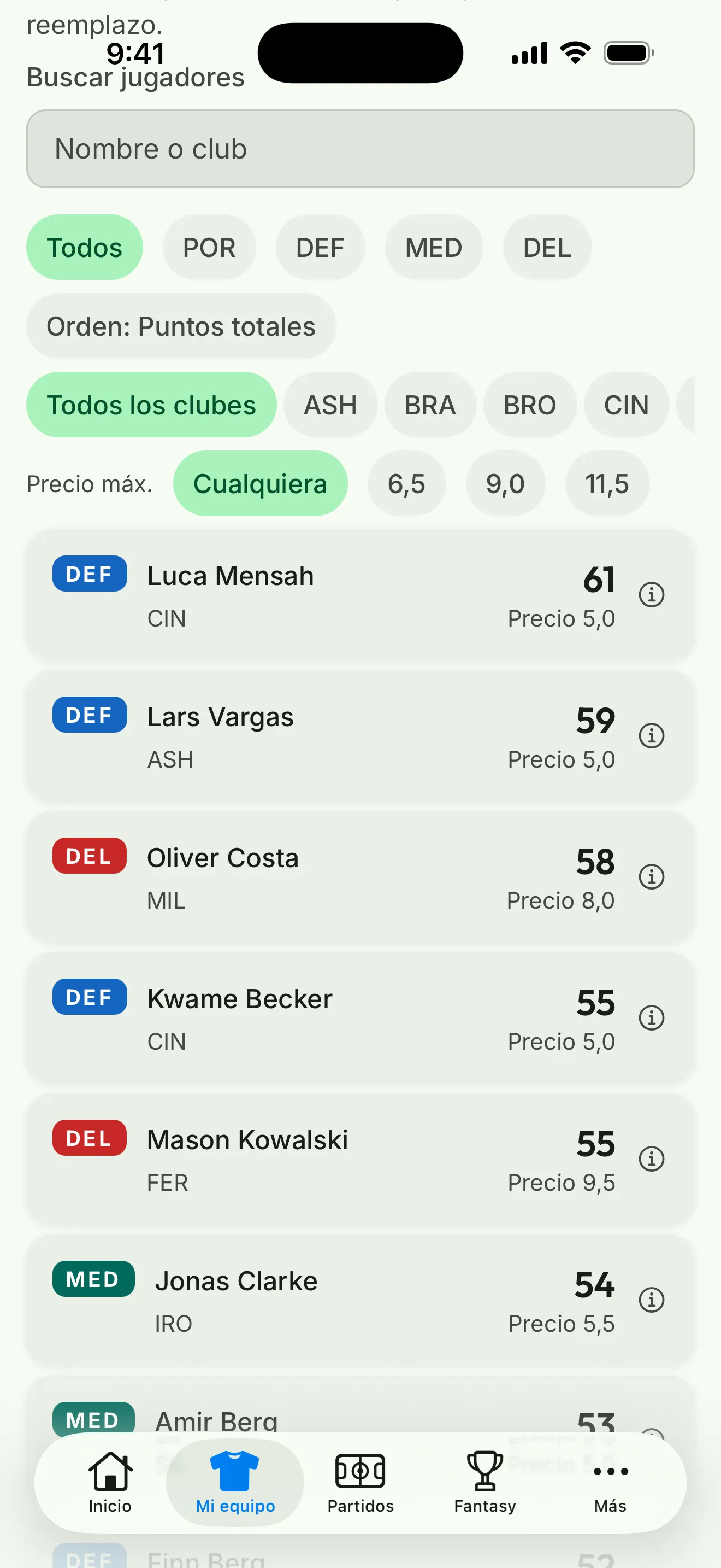 Captura de la app: exploración de jugadores con filtros de posición, club y presupuesto