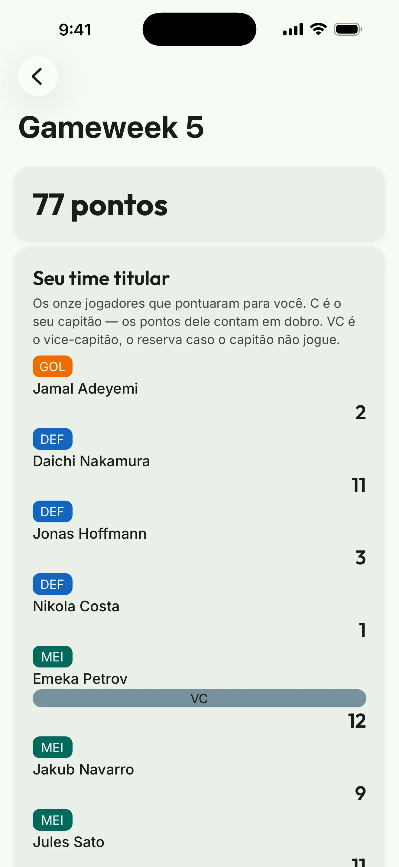 Captura do app: o resumo da rodada com seu time titular e seus pontos
