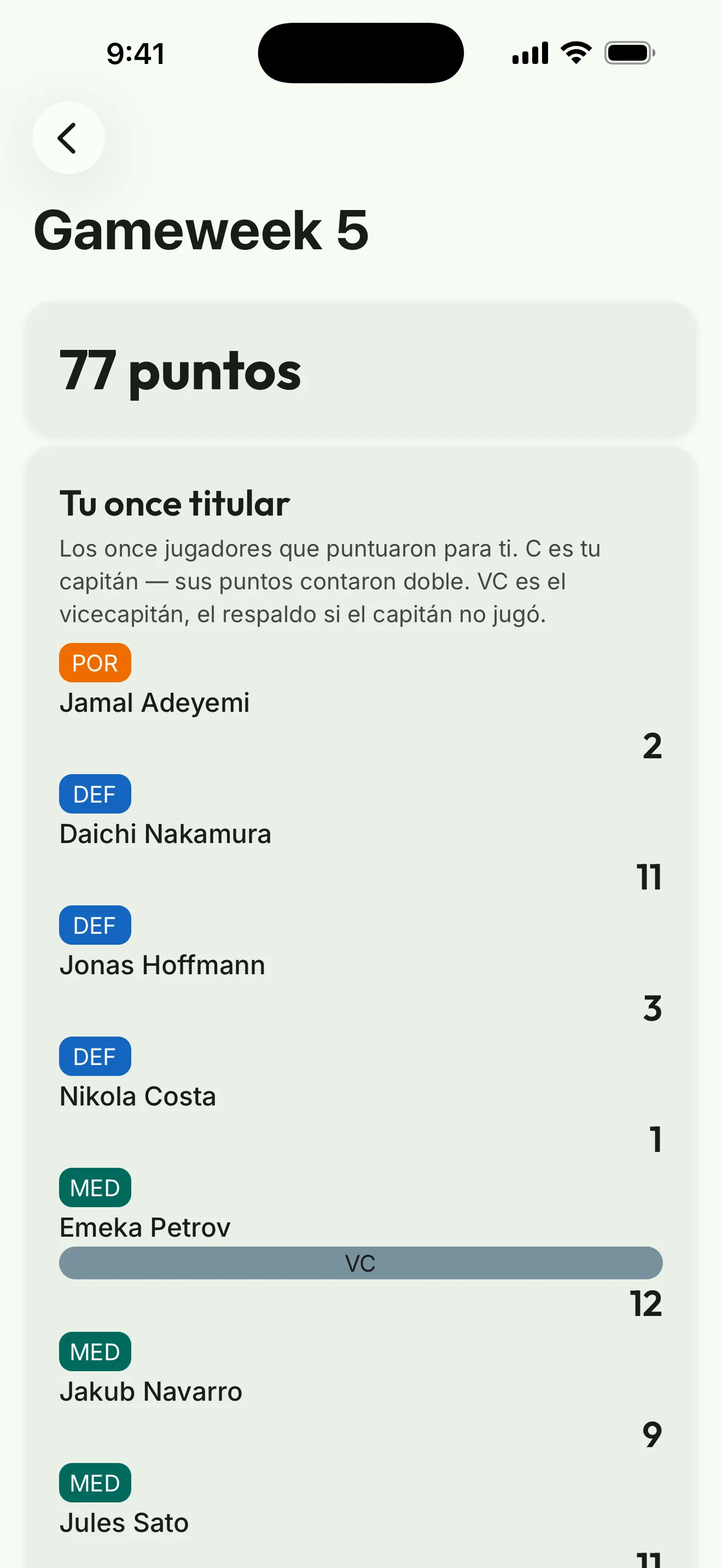 Captura de la app: el resumen de la jornada con tu once inicial y tus puntos