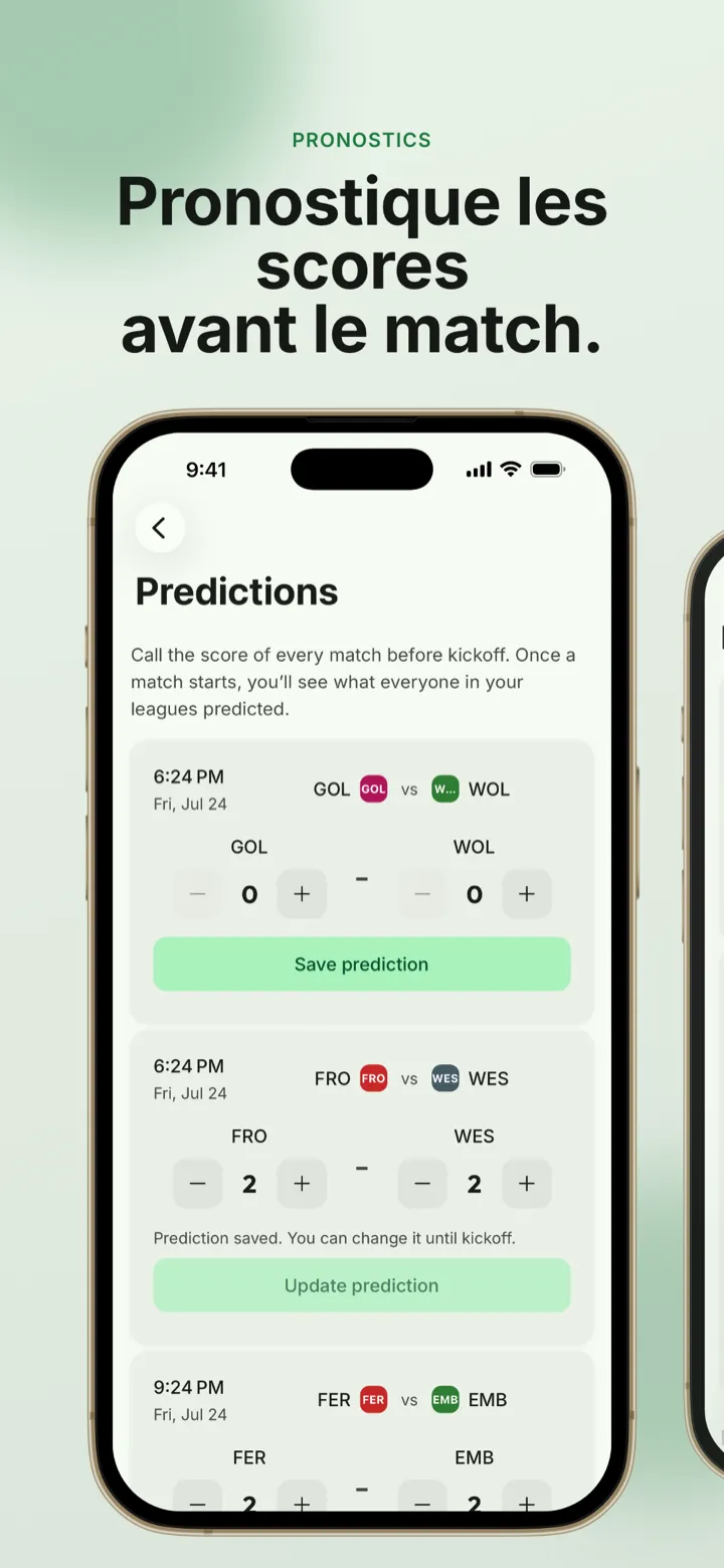 Capture d’écran de l’app : des pronostics de score avant le coup d’envoi