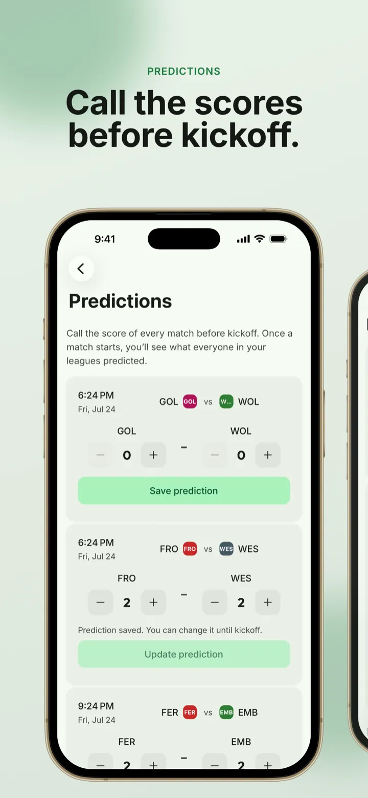 App screenshot: predicting match scores before kickoff