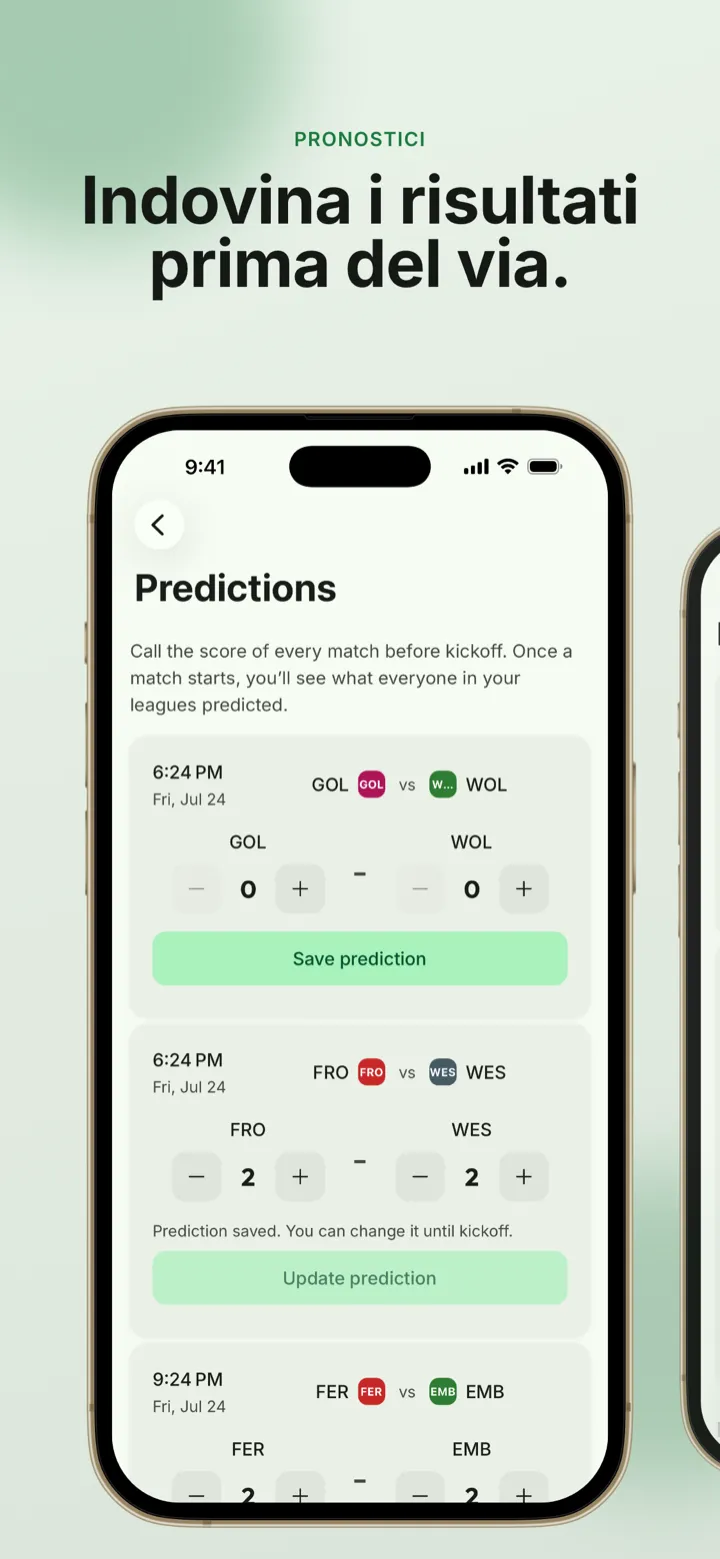 Schermata dell’app: i pronostici sui risultati prima del calcio d’inizio