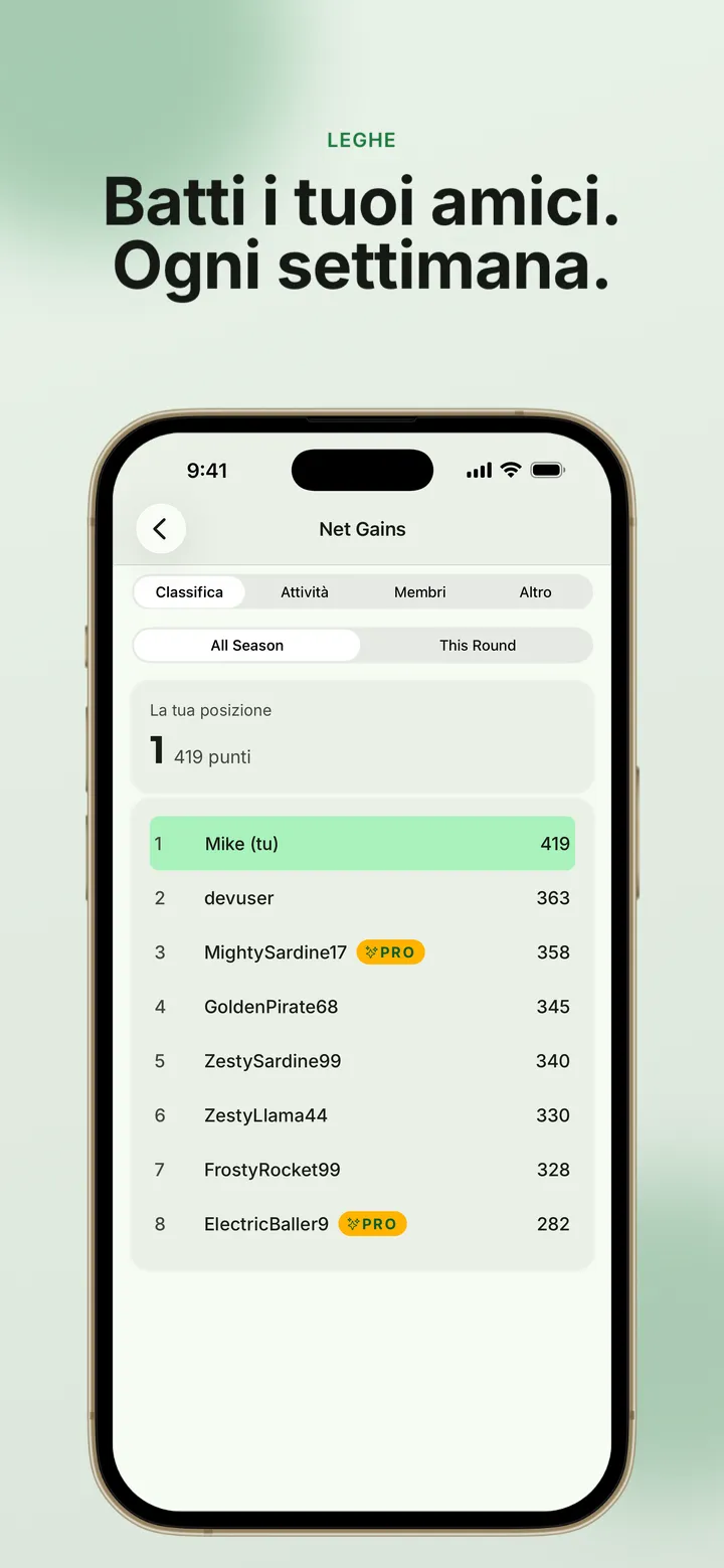 Schermata dell’app: la classifica di una lega dove sfidi i tuoi amici ogni settimana