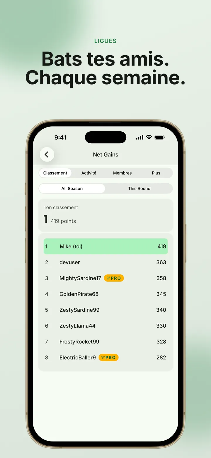Capture d’écran de l’app : le classement d’une ligue où vous affrontez vos amis chaque semaine