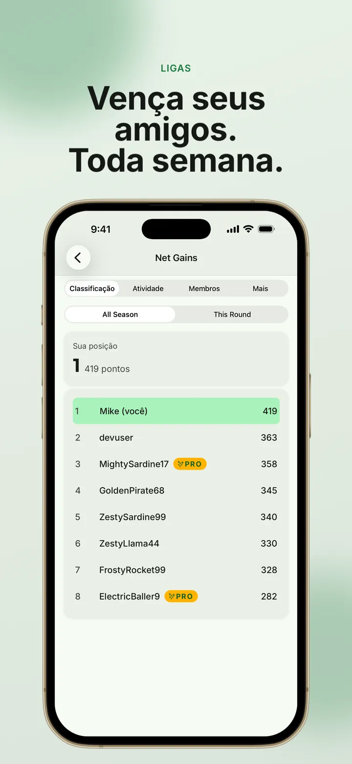 Captura do app: a classificação de uma liga onde você disputa com os amigos toda semana