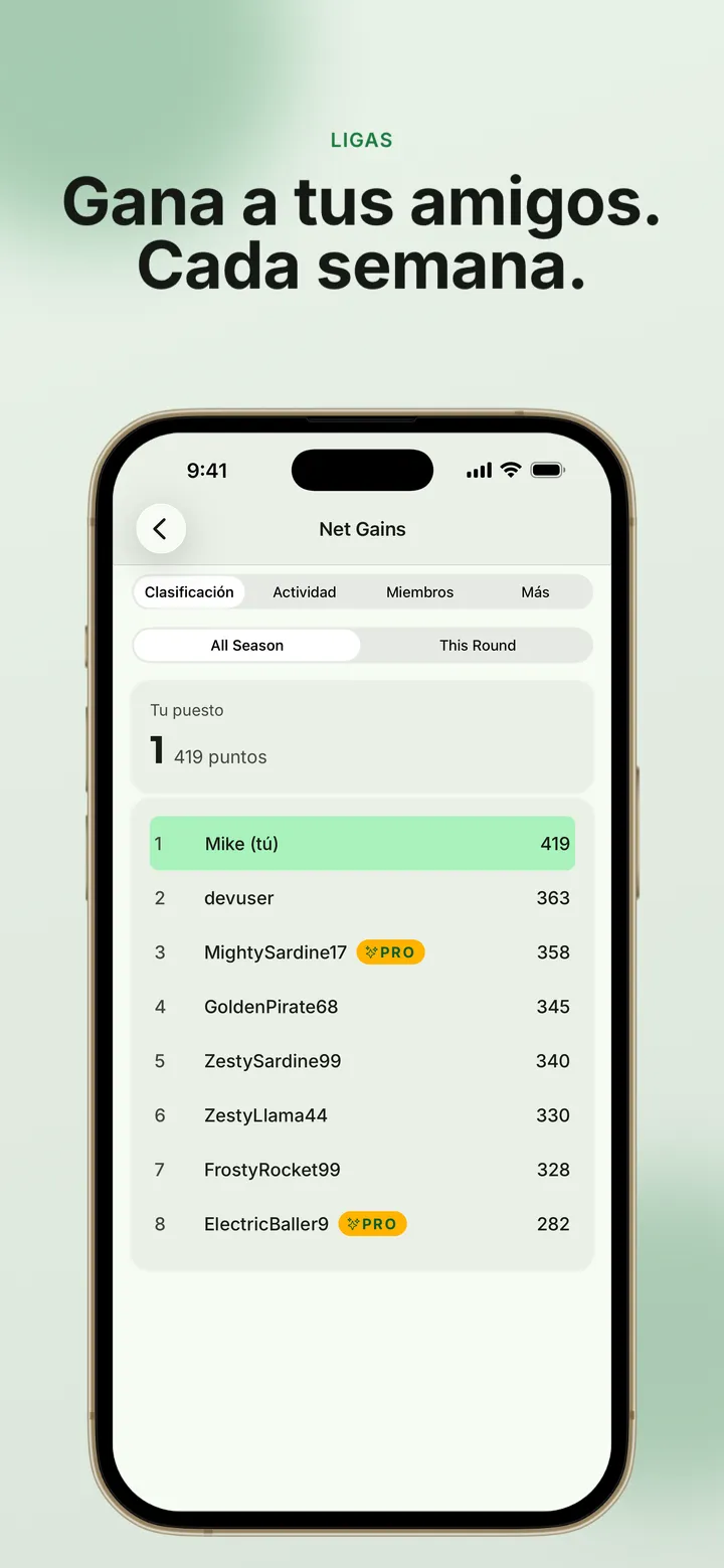 Captura de la app: la clasificación de una liga donde compites con tus amigos cada semana