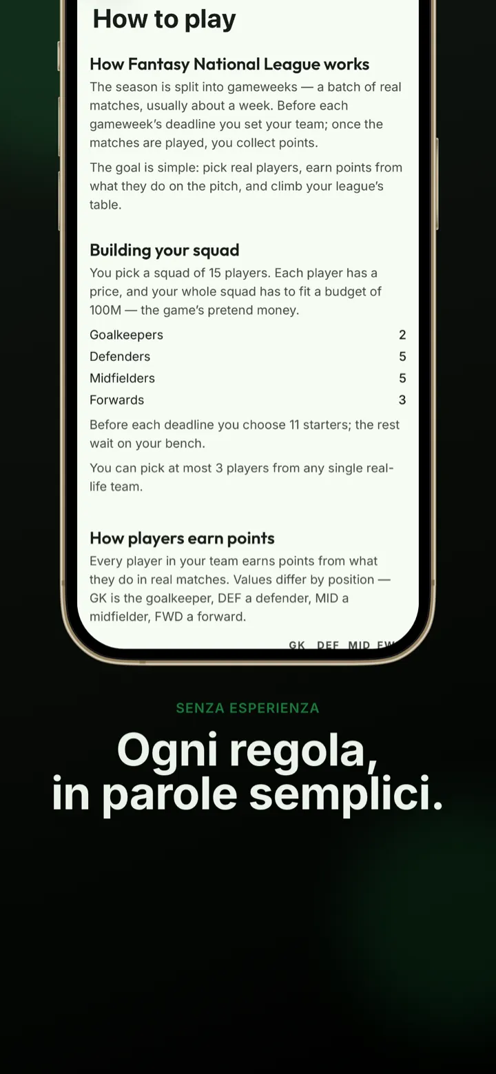 Schermata dell’app: le regole dei punteggi spiegate con parole semplici
