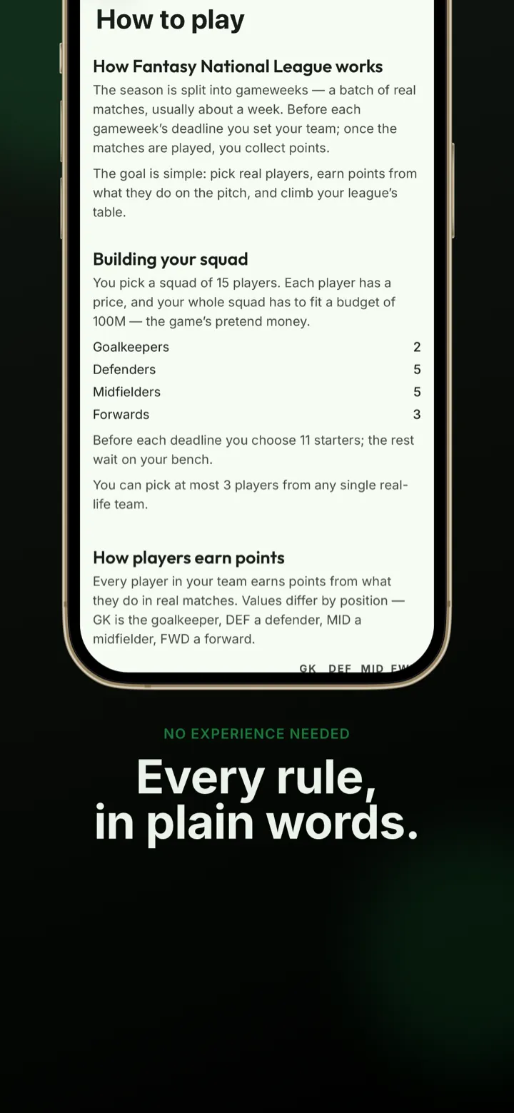 App screenshot: scoring rules explained in plain words