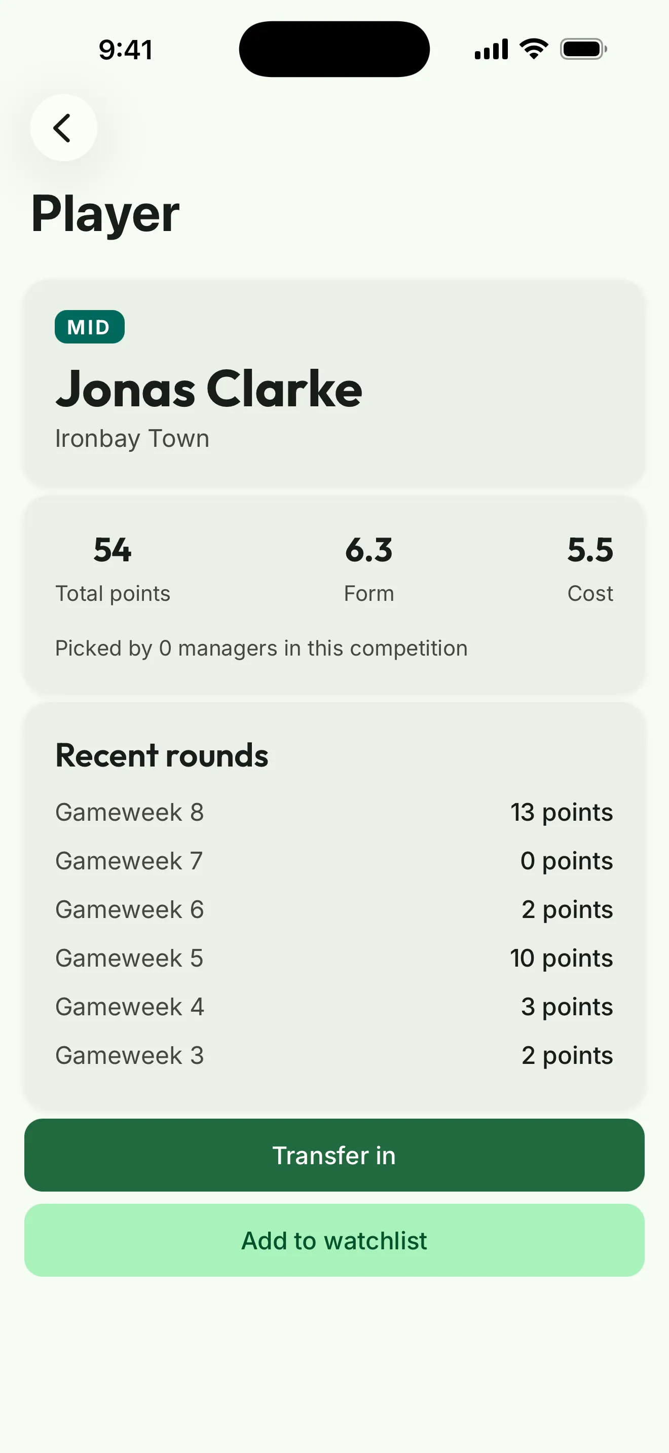 App screenshot: a player profile with total points, form, cost, and recent rounds