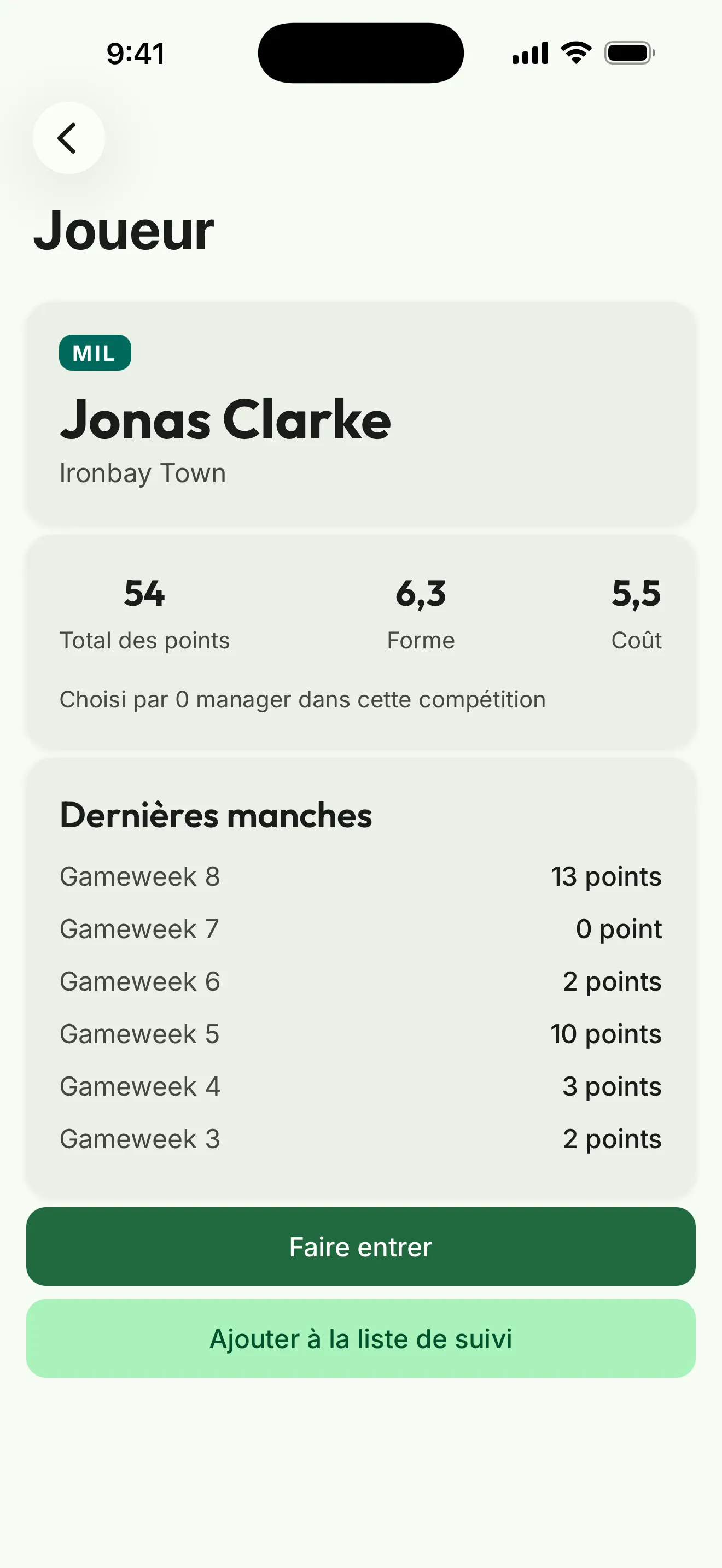 Capture d’écran de l’app : la fiche d’un joueur avec points totaux, forme, coût et dernières journées