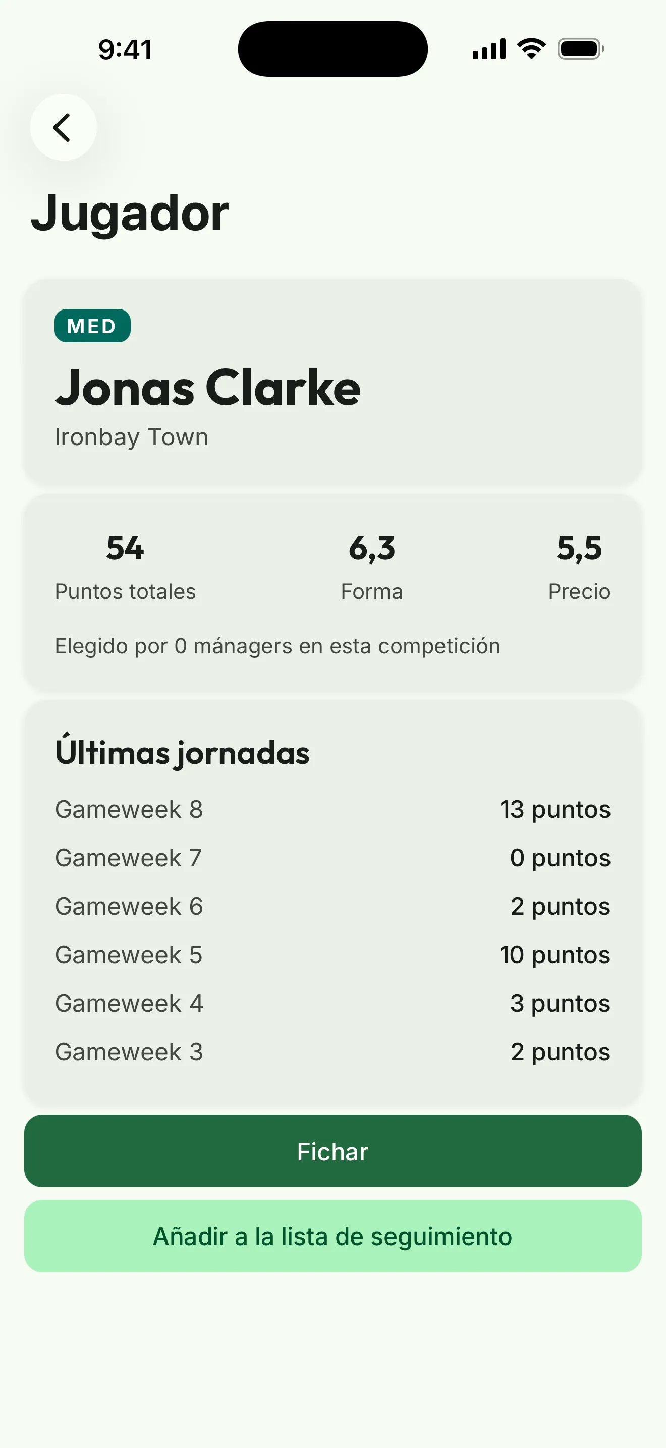 Captura de la app: la ficha de un jugador con puntos totales, forma, coste y últimas jornadas