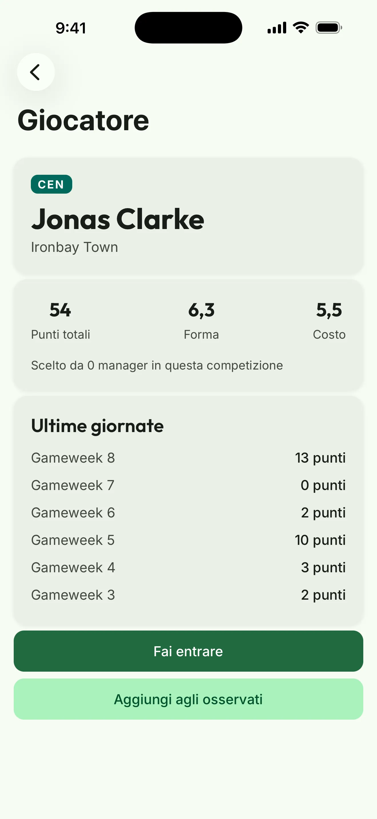 Schermata dell’app: la scheda di un giocatore con punti totali, forma, costo e ultime giornate
