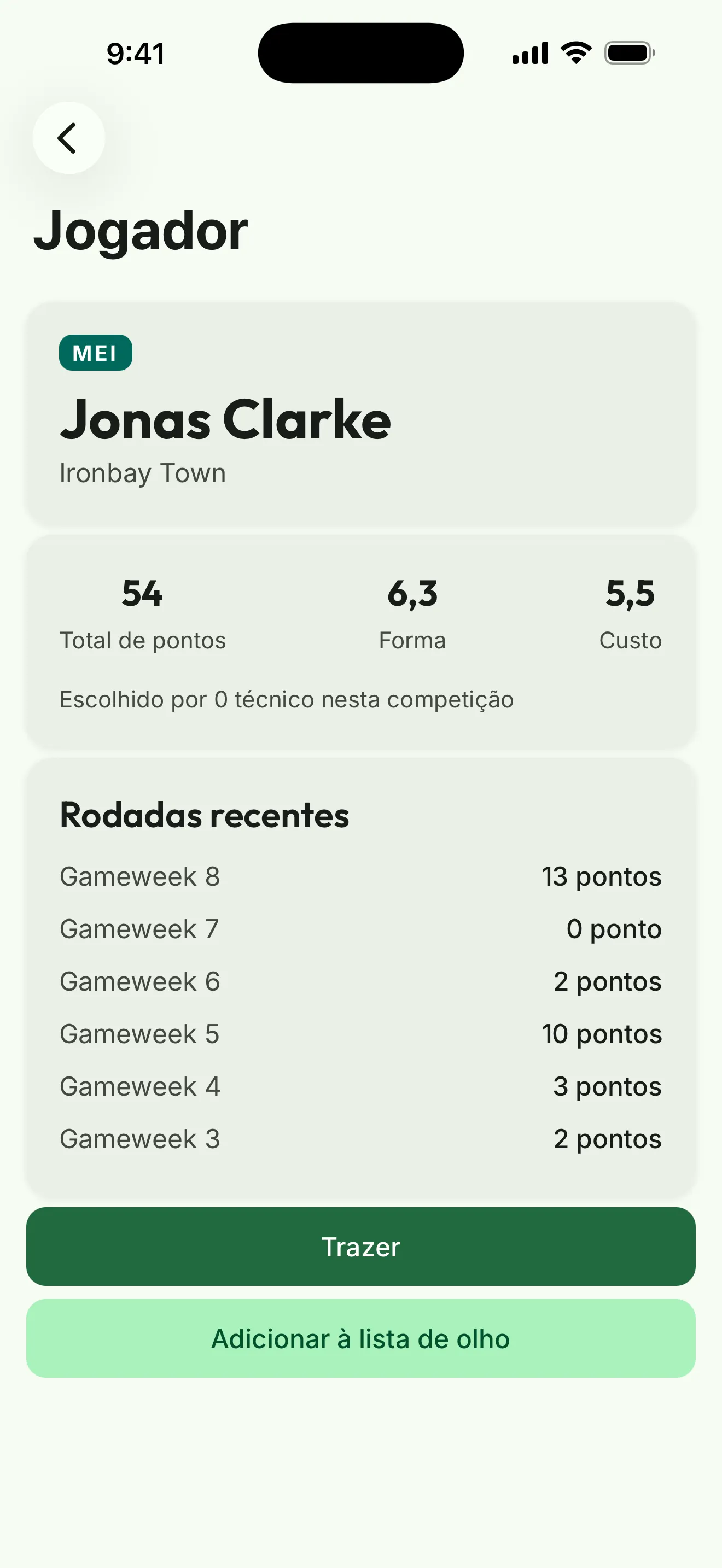 Captura do app: o perfil de um jogador com pontos totais, forma, custo e últimas rodadas