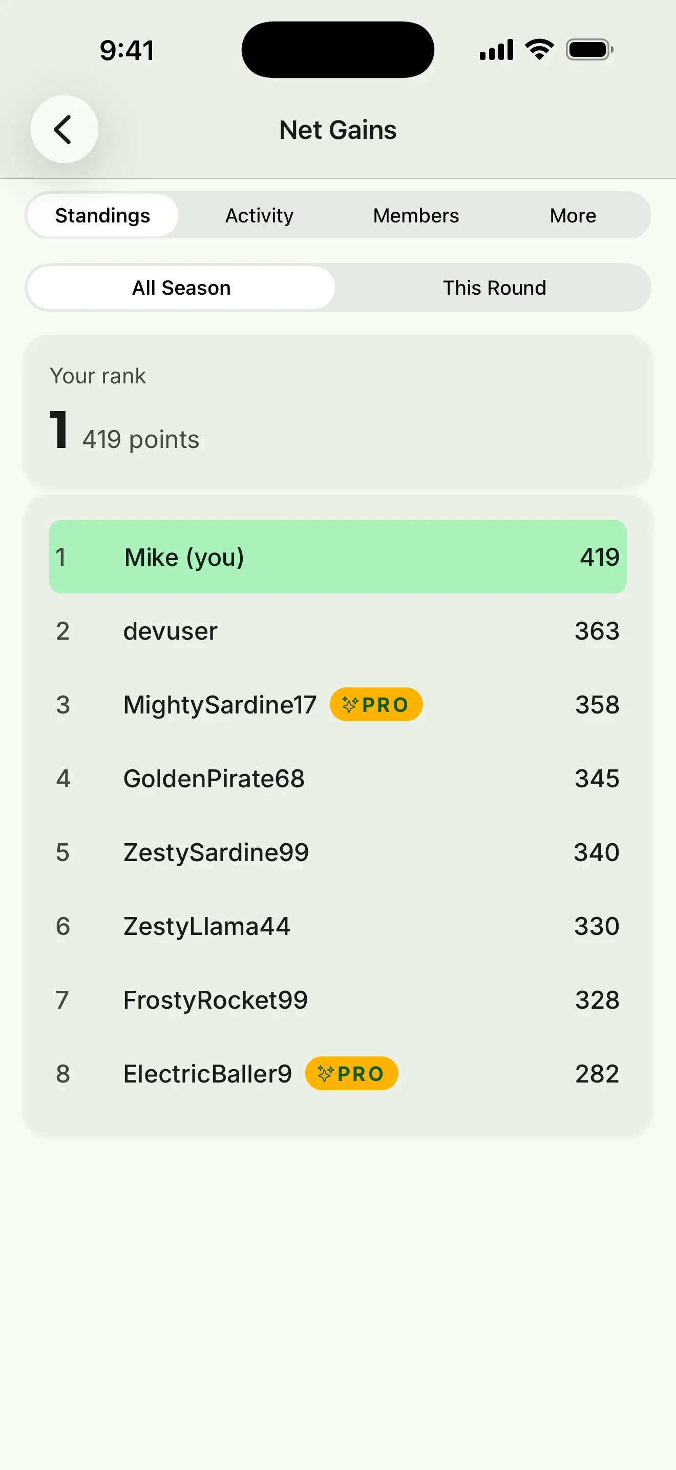 App screenshot: a league table with your rank at the top