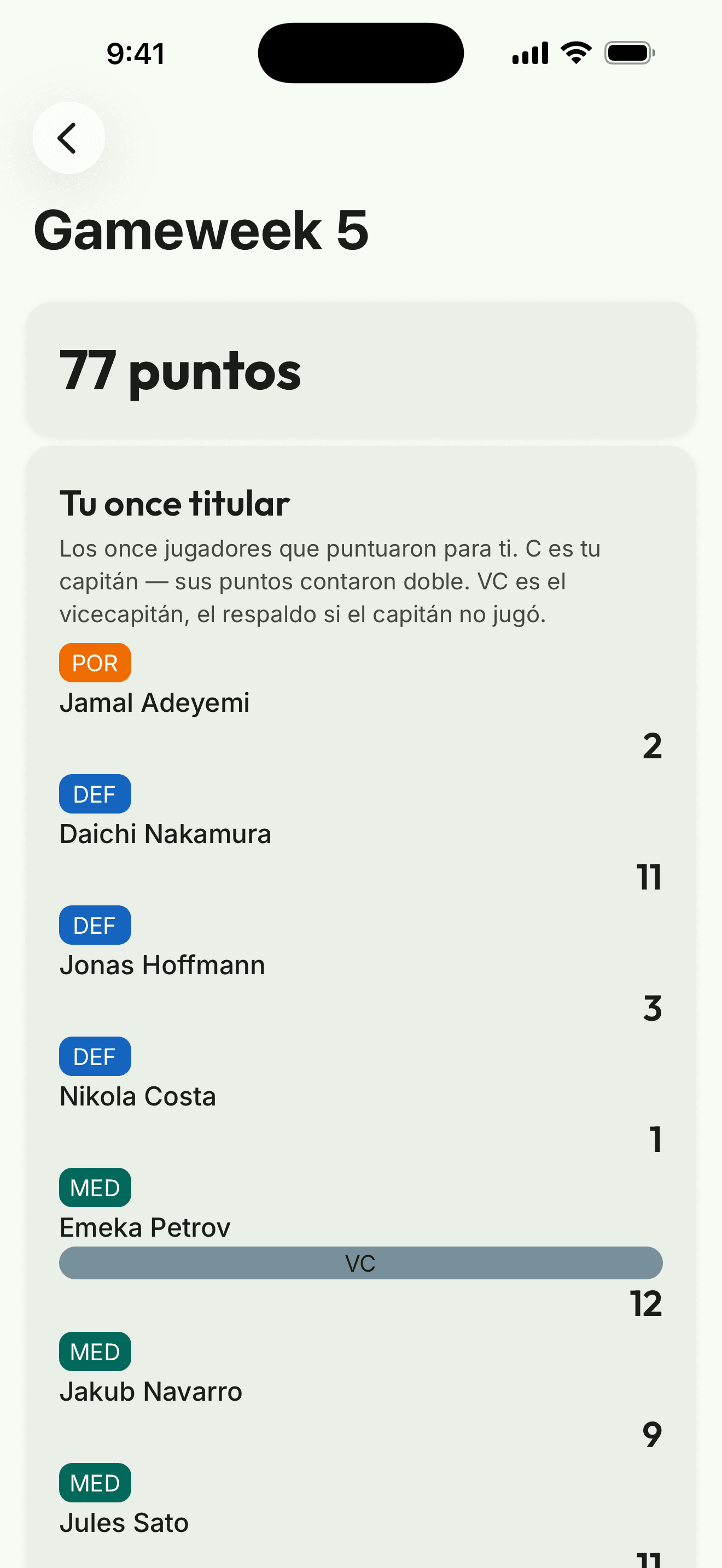 Captura de la app: el resumen de la jornada con tu once inicial y tus puntos