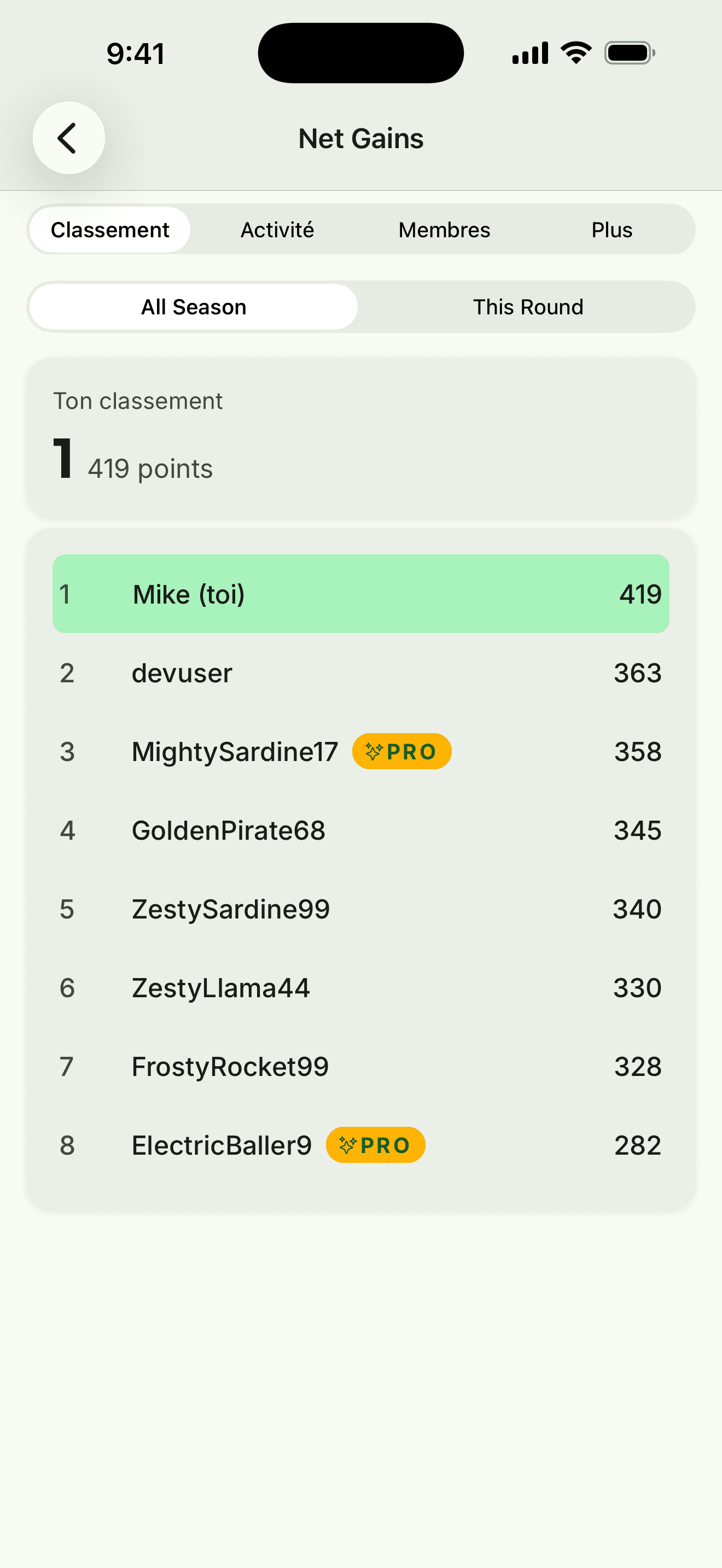Capture d’écran de l’app : le classement d’une ligue avec ton rang en tête